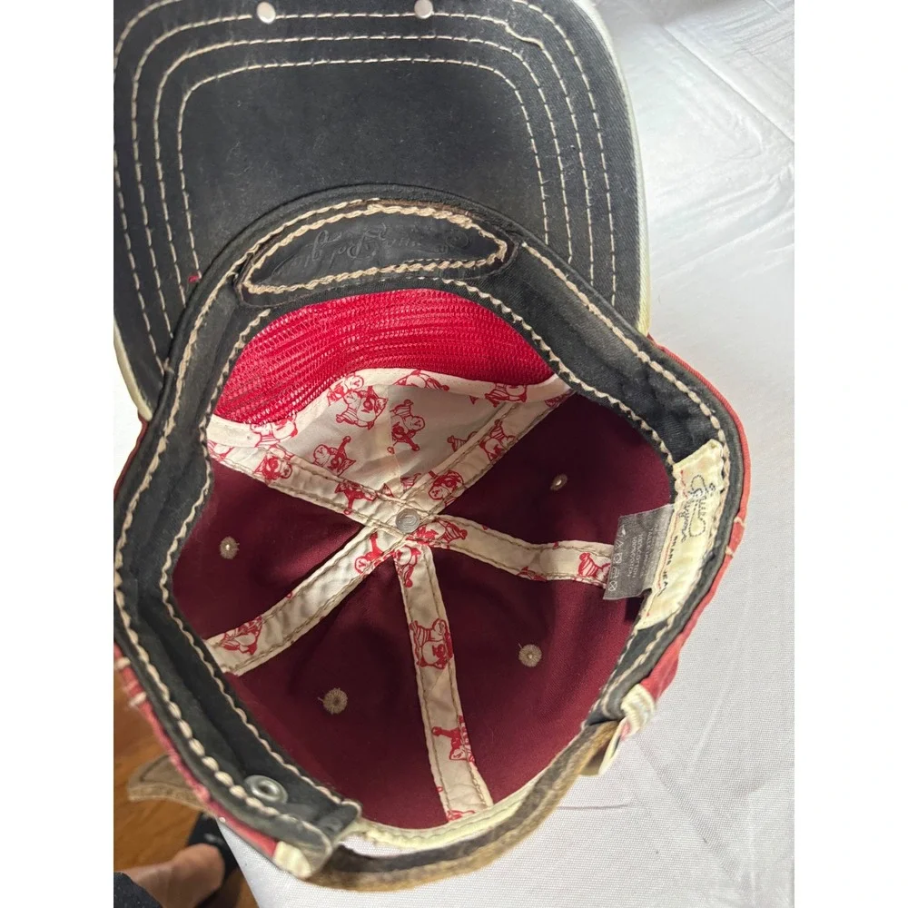 Vtg Y2K True Religion Distressed Buddha Guitar Hat Burgundy Strapback Cap Rare